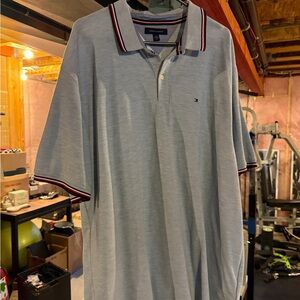 Tommy Hilfiger Men's Light Gray Polo Shirt with Red Accents